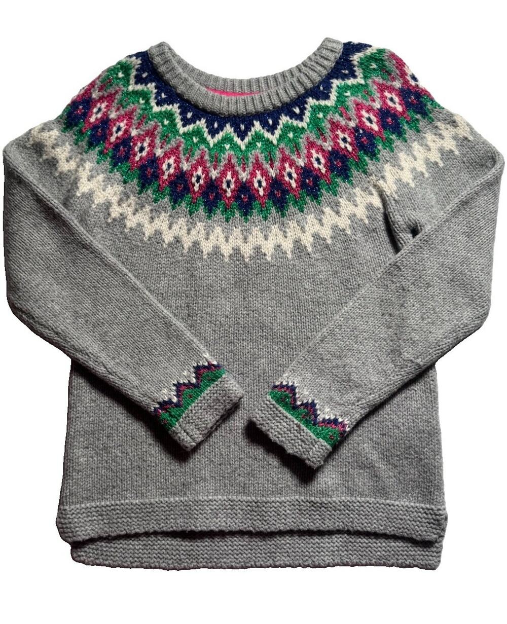 Boden Girls 8-9Y Gray Fair Isle Sweater Metallic Knit Wool Blend 134cm